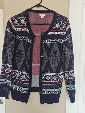 Merona Navy Red White Fair Isle Cardigan